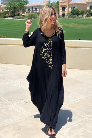Life 3/4 Sleeves V-Neck Cotton Maxi Dress - Black (3946480107564)