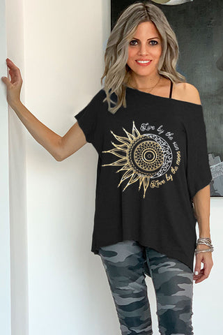 Sun & Moon Asymmetrical Tee With Raw Hems- Black (5640088551578)