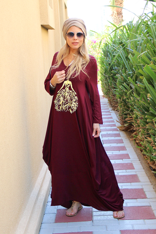 Long V-Neck Cotton Dress - Maroon / Gold Princess (6157101170862)