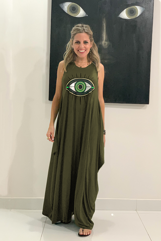 Evil Eye Sleeveless Round Neck Cotton Maxi Dress - Olive (3891293650988)