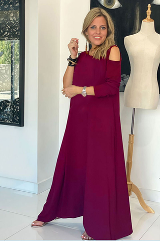 Peek A Boo Sleeves Round Neck A-Line Cotton Dress - Maroon (6285891305646)