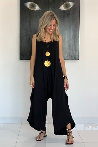 Black Cotton Harem Jumpsuit - Black (3890508660780)