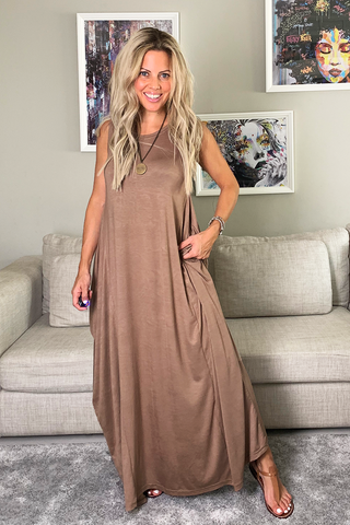 Sleeveless Round Neck Cotton Maxi Dress - Mocha (5794675097754)