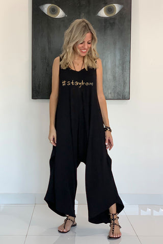 Stay Home Black Cotton Harem Jumpsuit - Black/Gold (5045285781637)