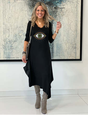 Long Sleeves Total Comfort Dress - Black/Evil Eye (6159322939566)