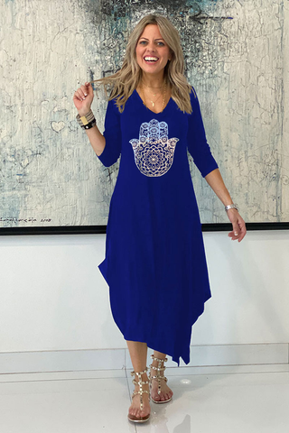 Long Sleeves Total Comfort Dress - Blue /Silver Hamsa (6152931344558)