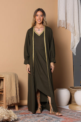 Army Green Chic Linen Dress and Abaya Set