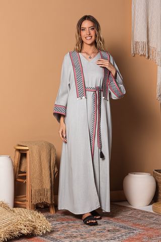 Ash Linen Kuffiyeh Inspired Abaya and Dress Set
