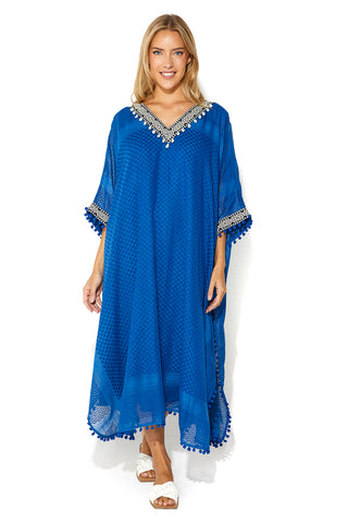 Azure Kaftan With Intricate Geometric Lace and Delicate Shell Detailing