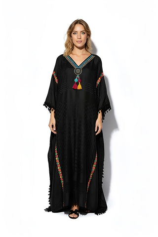 Duniya Black Kaftan With A Beaded Neckline, Colorful Tassels & Floral Detailing