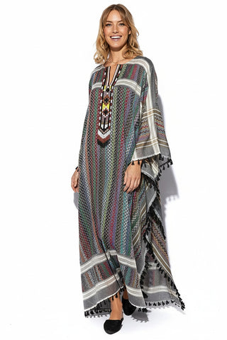 Fajr Multicolor Greyish Kaftan With  A Long Beaded Neckline
