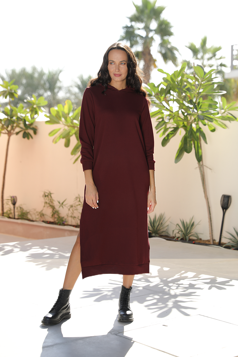 hoodie dress with side slits Winter White Hoodie Sweatshirt Dress with Two Side Slits
