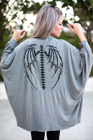 Batwing Sleeve Cotton Cardigan With skeleton Wings Print - Grey/Black (4565560623237)
