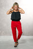 Cropped Length Crepe Joggers With Elastic Waist & Silver Toned Grommets - Red (7323190591662)
