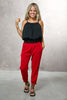 Cropped Length Crepe Joggers With Elastic Waist & Silver Toned Grommets - Red (7323190591662)