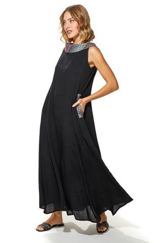 Shoug A-Line Textured Linen Dress With Back V-Layer Neckline (7912626684148) (7914737402100)