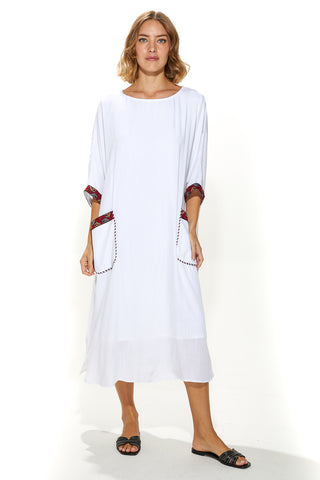 Zain White Linen Kaftan With Lining & Two Front Pockets (7912725283060)