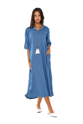 Meera Denim Hoodie Dress With Front Pockets & Tassels (8055947329780)