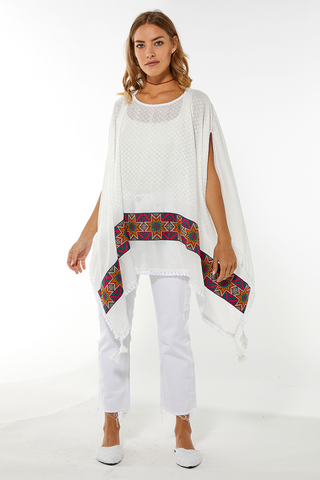 Taif Long White Kuffiyeh Top With A Colorful Border & Tassels Detailing (8059627700468)