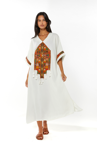 Mehr Crepe Kaftan With Chest Embroidery & Tassel Detailing (8055920492788)