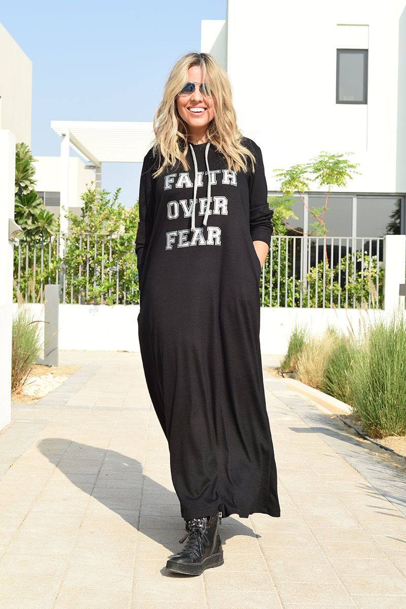 Long Hoodie Dress With Side Pockets - Black/Faith Over Fear Gingerlining Long Hoodie Dress With Side Pockets - Black/Faith Over Fear Gingerlining