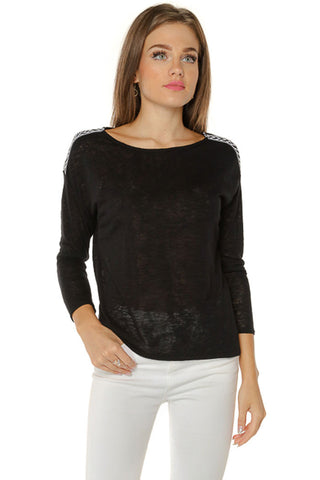 Shoulder Patch Knit Top- Black - Gingerlining (7730500168)