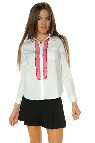 Gingham Ruffle Collared Shirt- White/ Red2 - Gingerlining (8168961416)