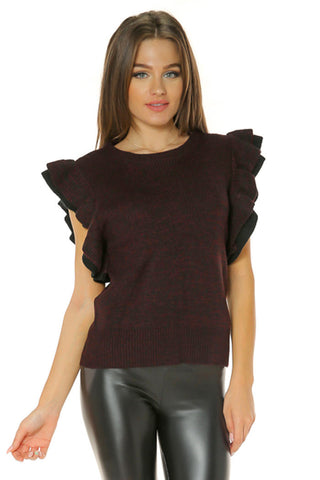 Ruffle Sleeve Sweater Top- Wine/Black - Gingerlining (8094379400)