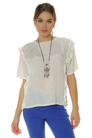 Short Sleeve Top with Ruffle- White - Gingerlining (8335377937)