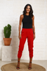 Cropped Length Crepe Joggers With Elastic Waist & Silver Toned Grommets - Red (6950561022126)