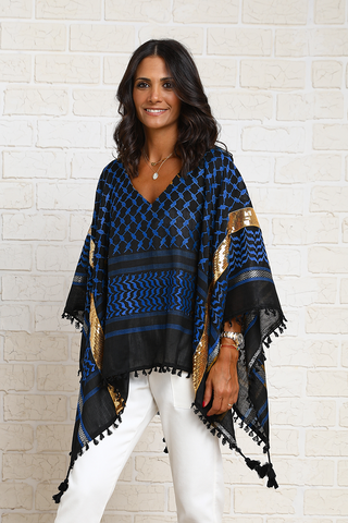 Open Sides Poncho Top With Sequin - Royal Blue/Gold (7044762075310)