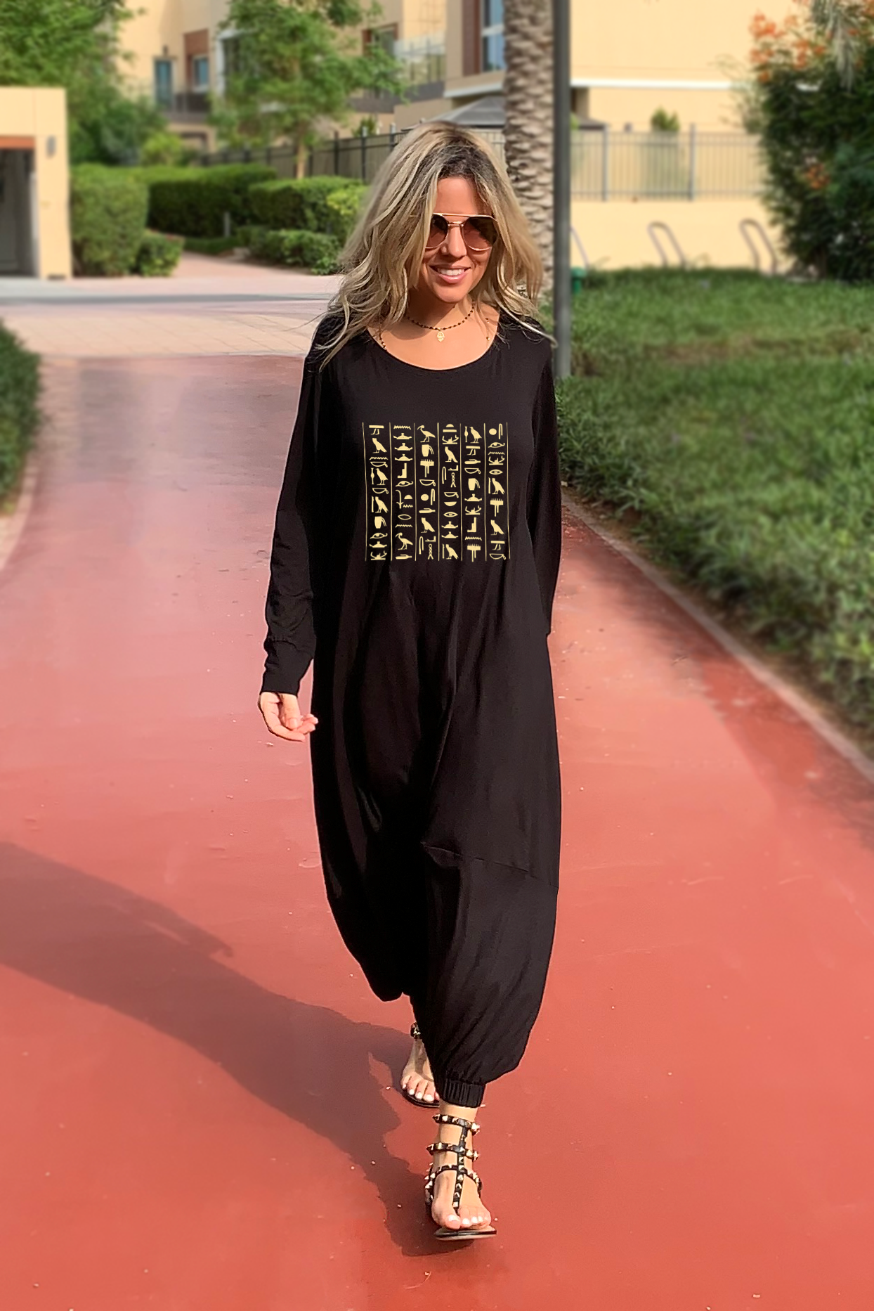long sleeve egyptian dress Long Black Dress with Gold Accents in Egyptian Style, Size Medium with Waist Tie