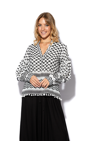 Kuffiyeh Top With V Neck & Bishop Sleeves (7606804021492) (7606822404340)