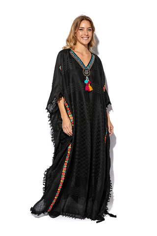 Duniya Black Kakftan With Floral Detailing, A Beaded Neckline & Colorful Tassels (7607392436468)