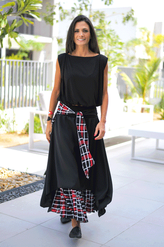 Crepe Layered Skirt With Tie Belt - Black / Red Check (6595128066222)