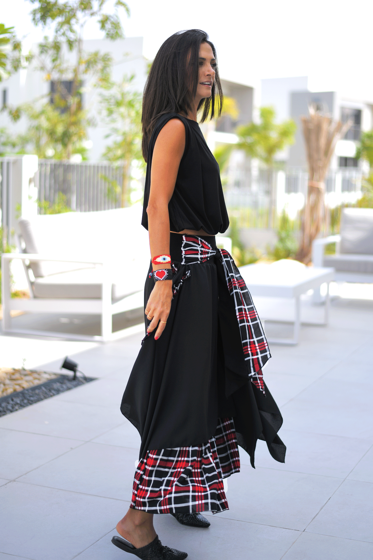 Crepe Layered Skirt With Tie Belt Black Red Check Gingerlining
