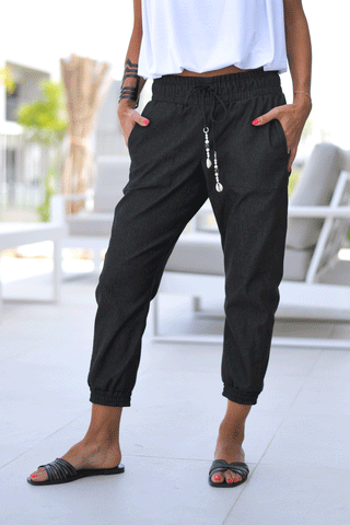 Cropped Length Denim Joggers With Elastic Waist & Shell Accents (6595851550894)