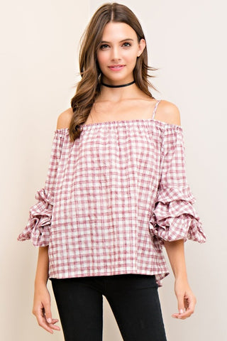 Check Print Open Shoulder Top - Berry - Gingerlining (9354956945)