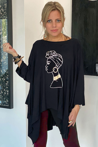3/4  Sleeves Poncho Top - Black /African Lady (4360074690693)