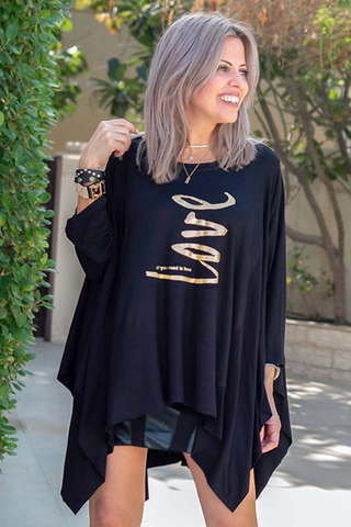 3/4  Sleeves Poncho Top - Black/All You Need Is Love (4565423489157)