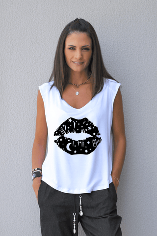 Deep V Neck Cap Sleeves Top with Stars Lips Print (7239423819950)