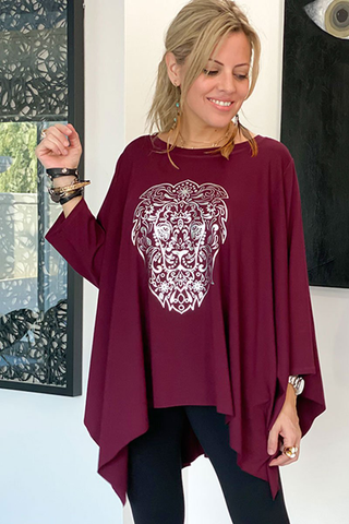 3/4 Sleeves Poncho Top - Maroon/Lion Face (4360075640965)