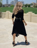 3/4 Sleeves V-Neck Cotton Midi Dress With Scarf - Black (1806317355052)