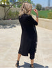 3/4 Sleeves V-Neck Cotton Midi Dress With Scarf - Black (1807455846444)