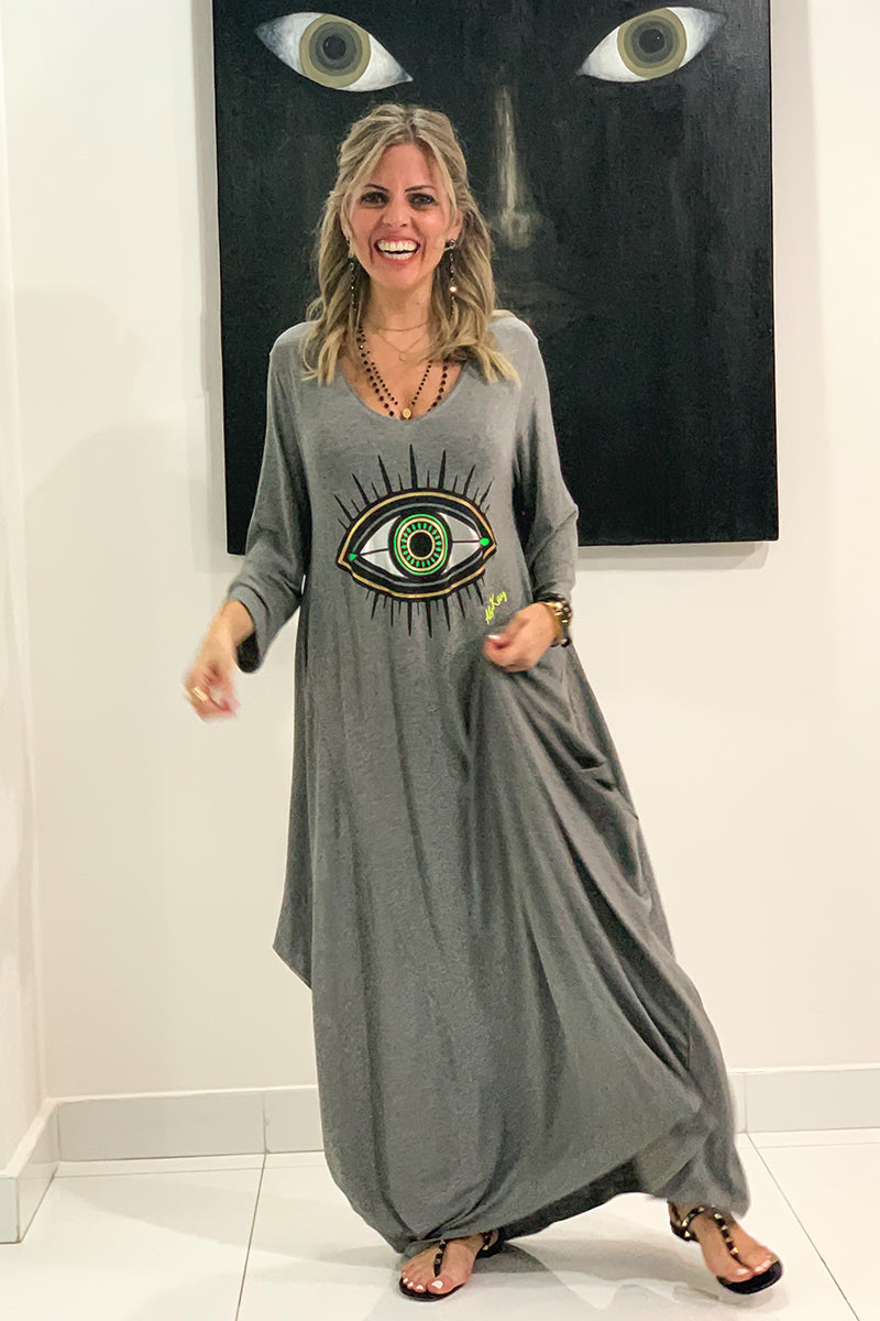 evil eye maxi dress Evil Eye Print Dress Protect Me Vintage Pattern Maxi Dress High Waist Long Sleeve Street Fashion Boho Beach Long Dresses