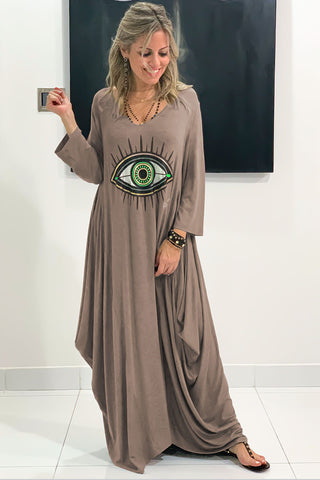 Evil Eye 3/4 Sleeves V-Neck Cotton Dress - Mocha (5651535069338)