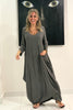 3/4 Sleeves V-Neck Cotton Maxi Dress - Dark Grey (3899072774188)