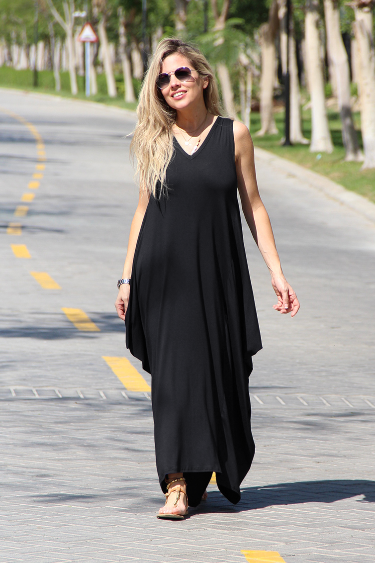 black cotton maxi dress sleeveless Nuichan women's sleeveless black cotton dress